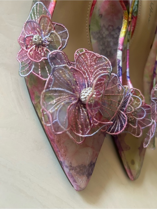 Betsey Johnson Shoes - Betsey Johnson Pink Multicolor Floral Appliqué Pointed Heels